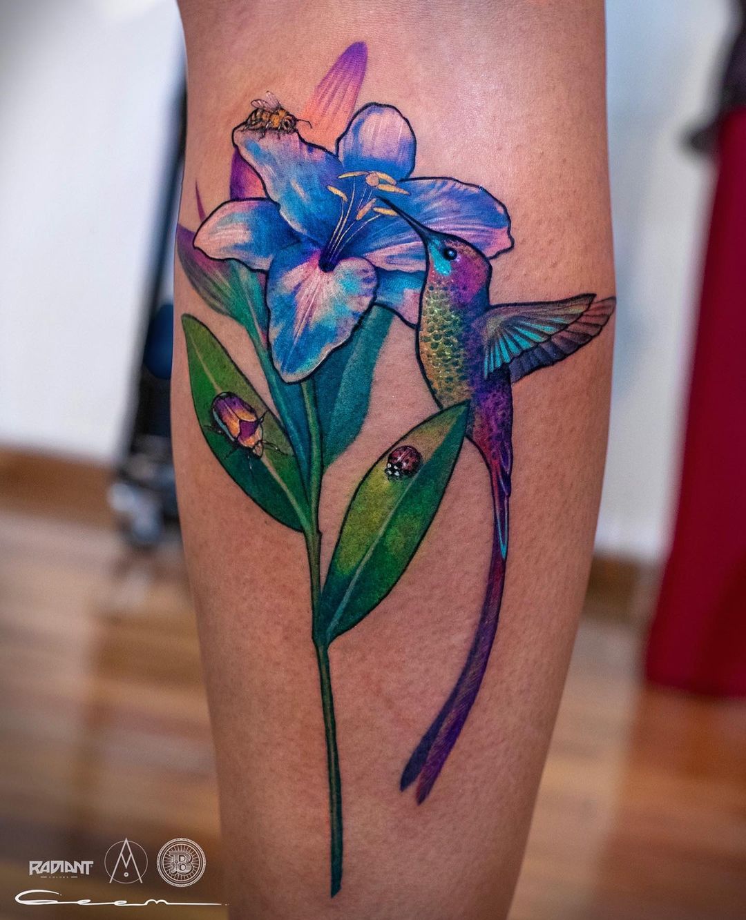 Hummingbird and Hibiscus Tattoo on Leg