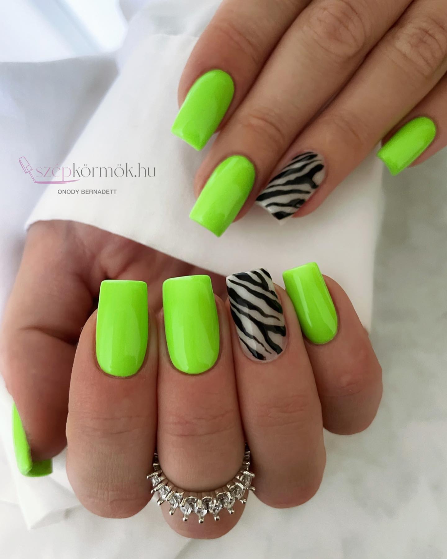 Lime Green Nails with Zebra Design