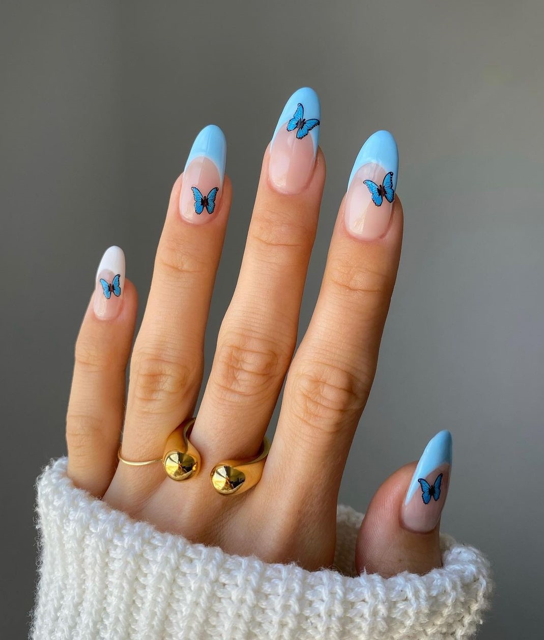 Long Oval French Nails with Blue Butterflies