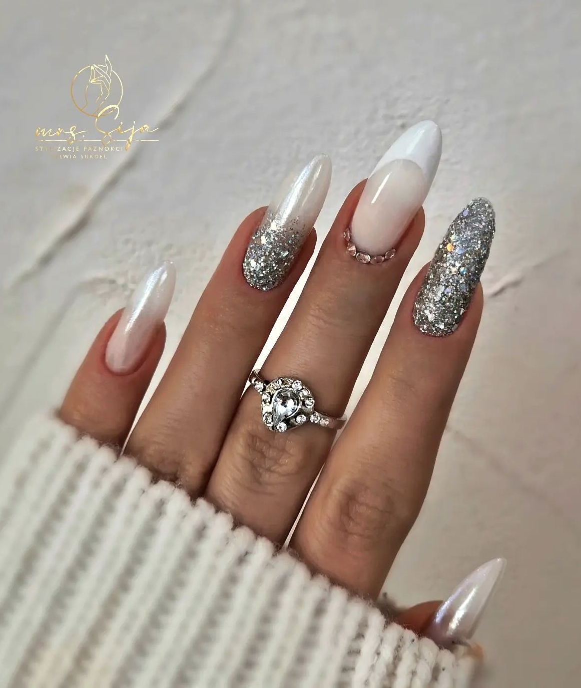 Long Round Nails with Silver Glitter Design