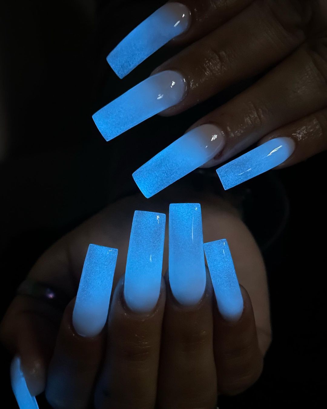 Long Square Blue Glow in the Dark Nails