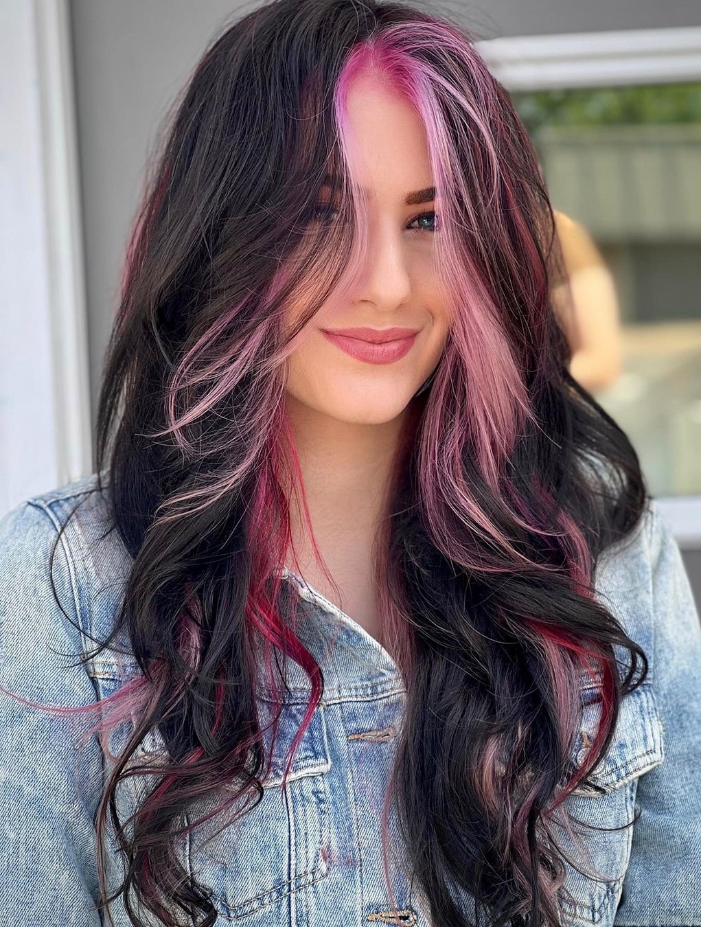 Magenta Peekaboo Highlights on Long Brown Hair