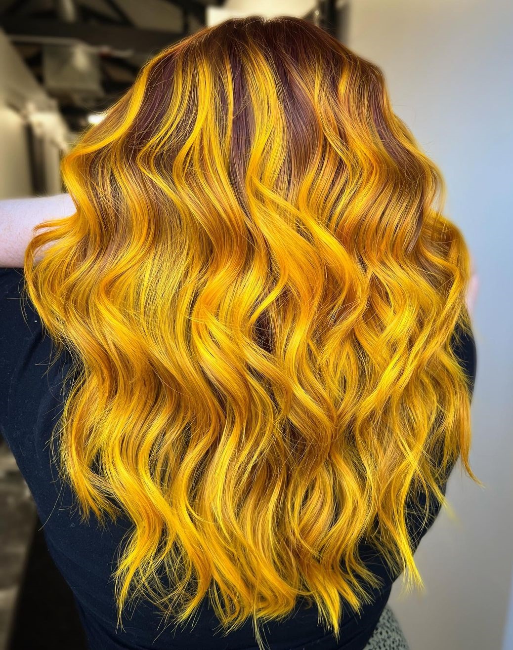 Mustard Yellow Color on Wavy Hair