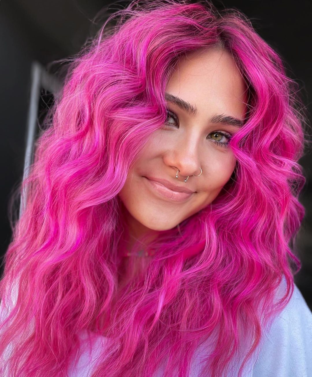 Neon Pink Color on Long Wavy Hair