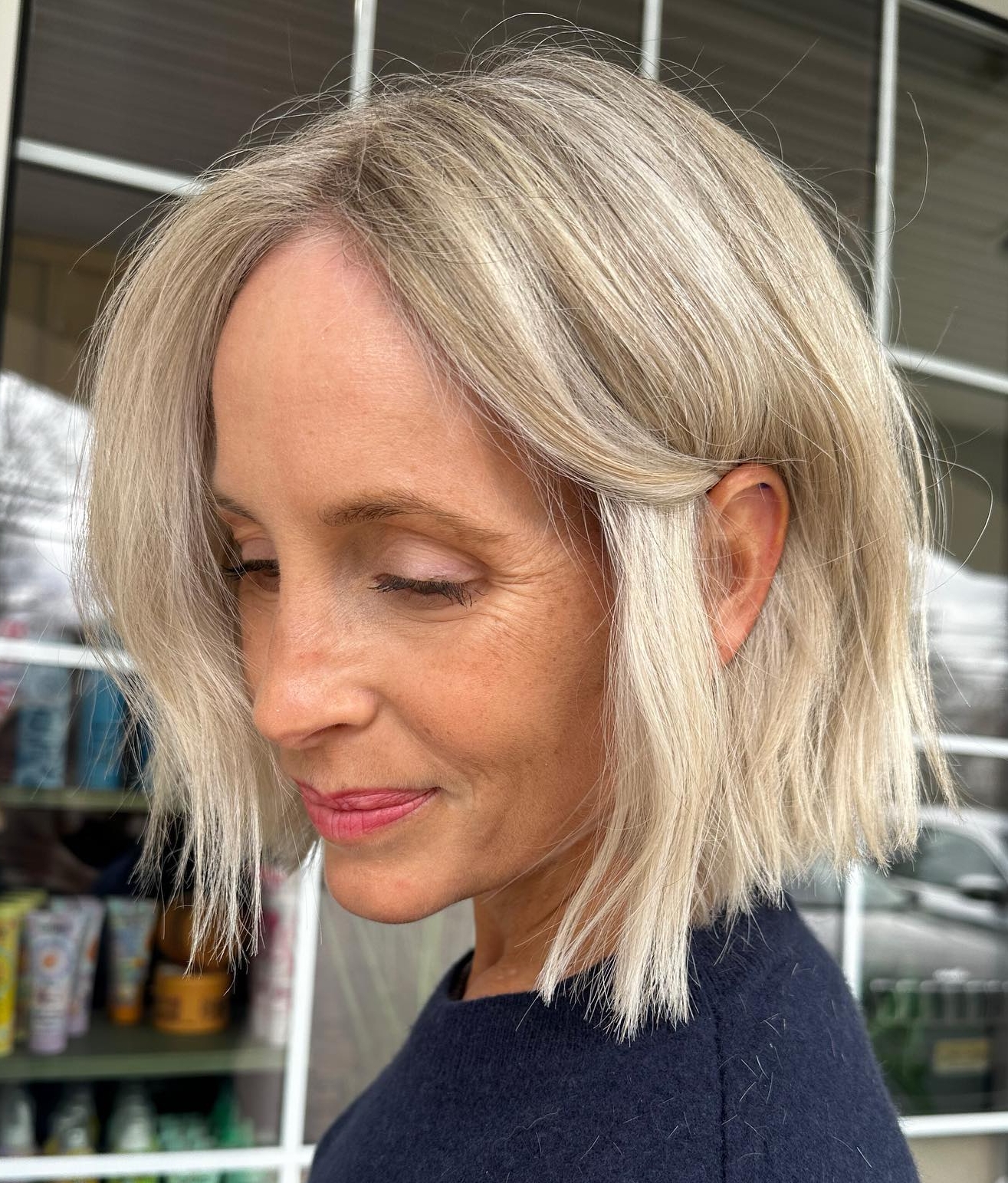 Older Woman with Blunt Bob Cut on Blonde Hair