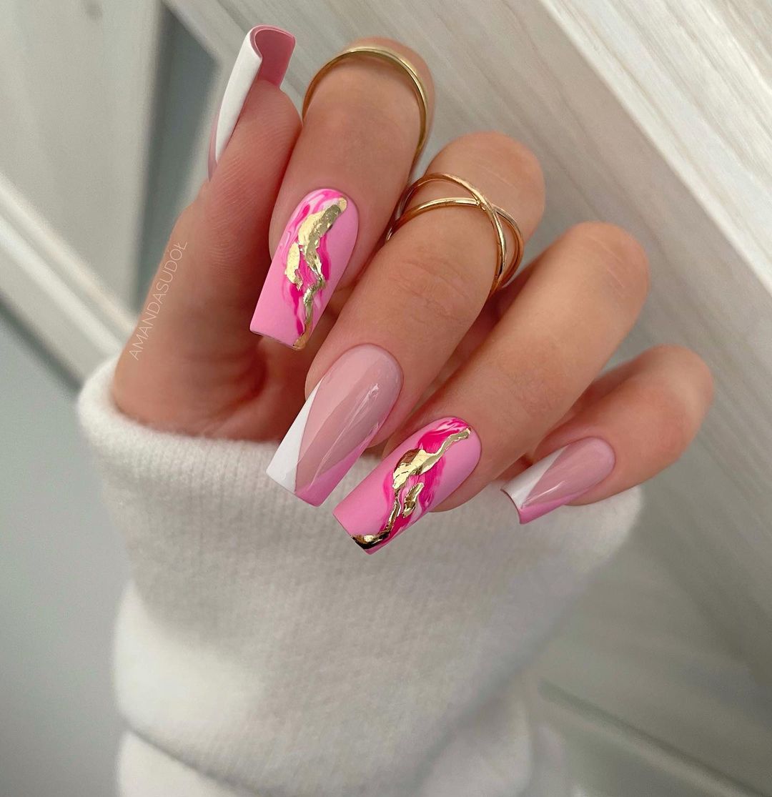 Pink and Gold Nails with Abstract Design
