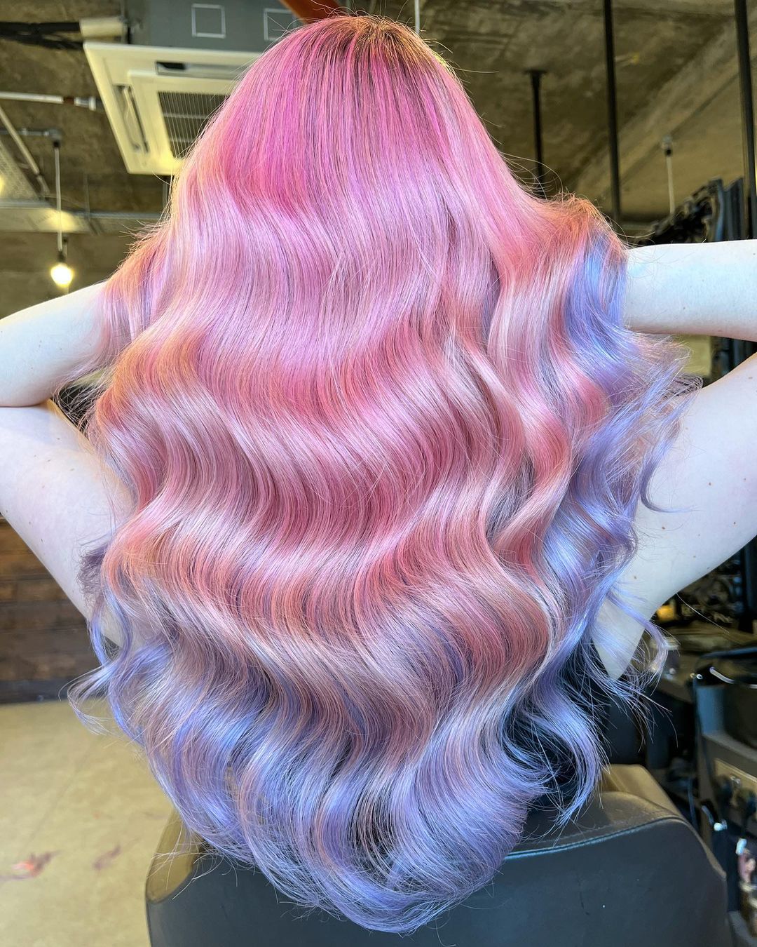 Pink to Lavender Reverse Ombre on Long Wavy Hair