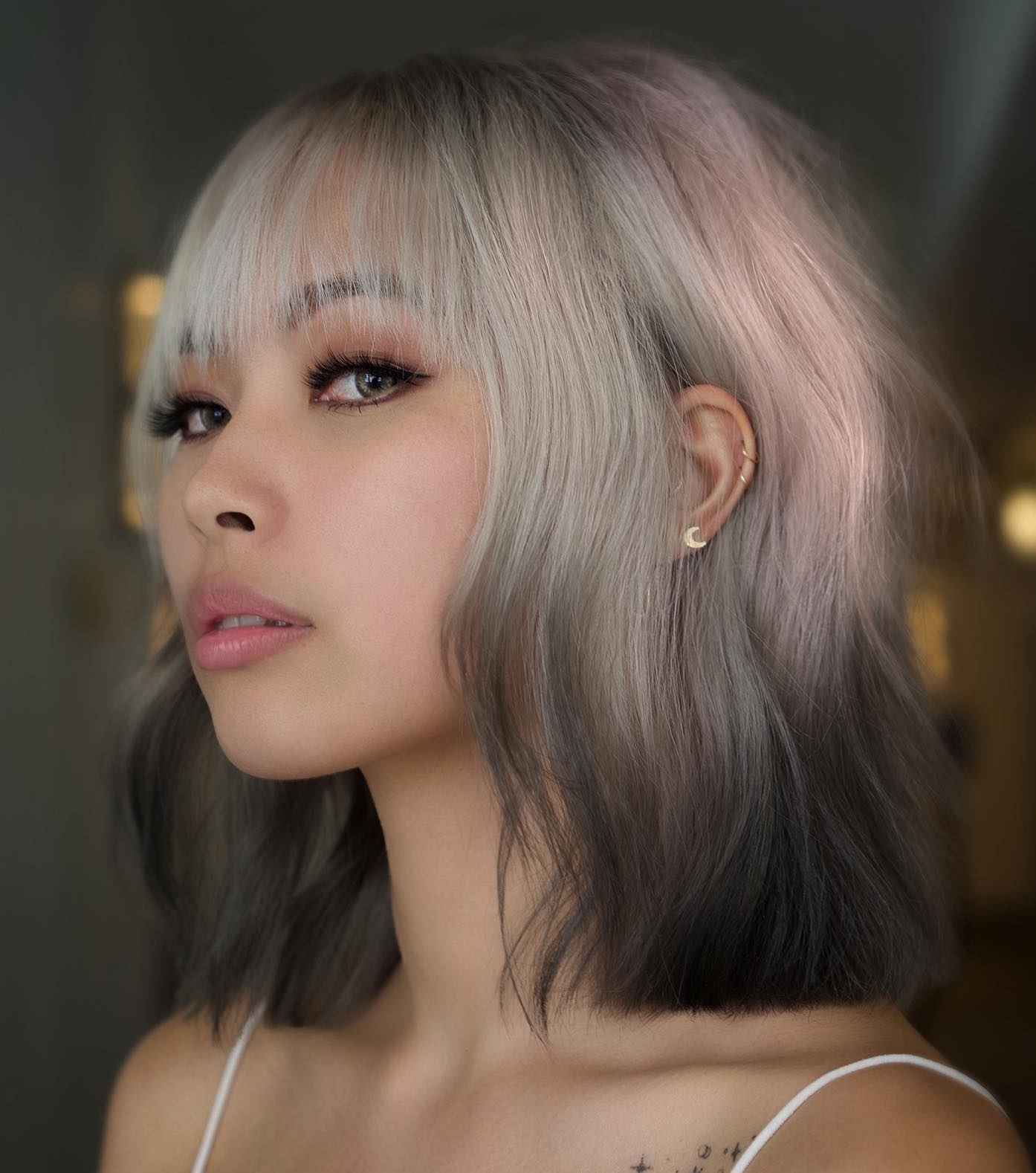 Short Bob Cut with Bang and Silver-to-Dark Ombre Hair