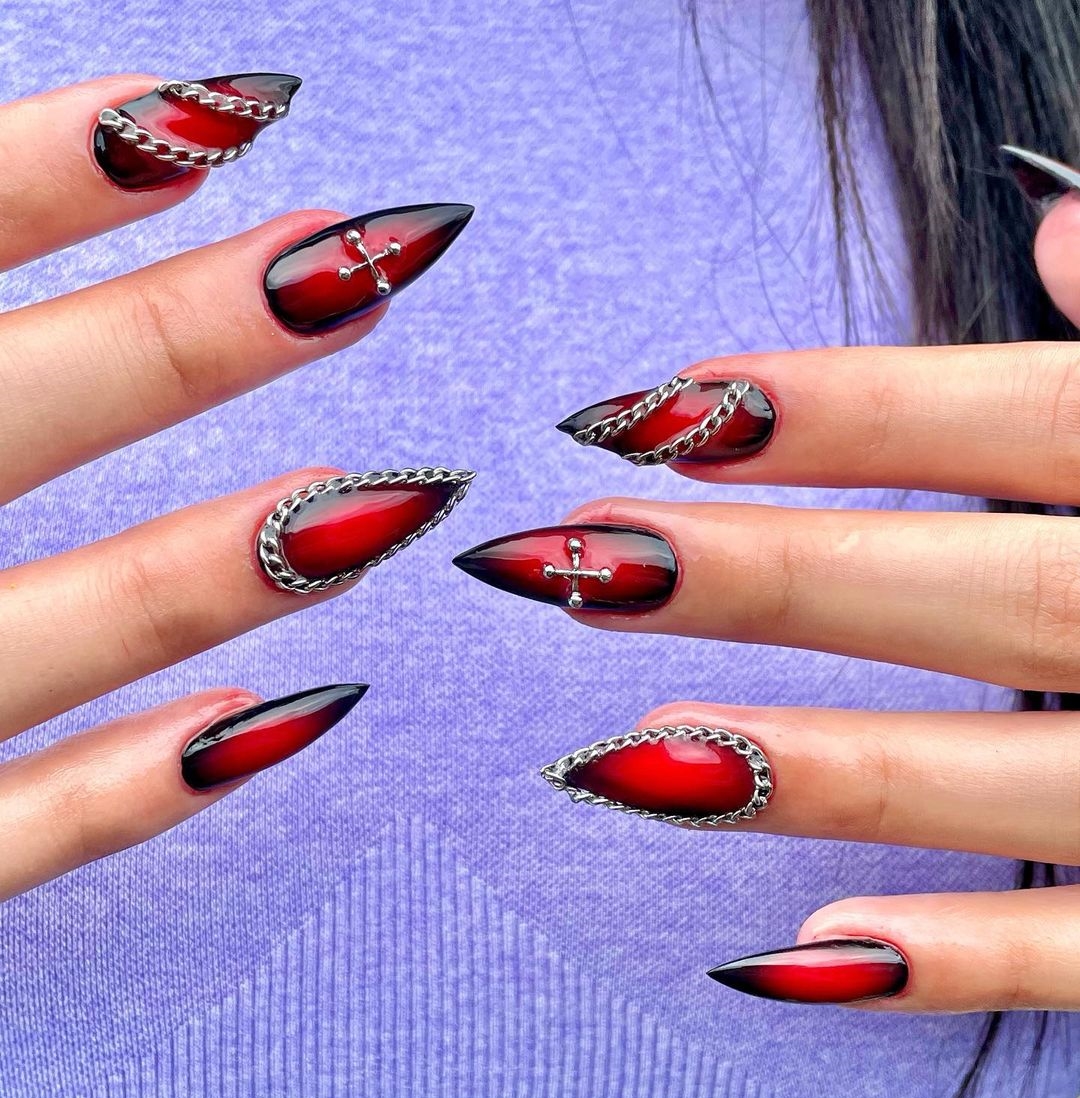 Short Gothic Black and Red Stiletto Nails