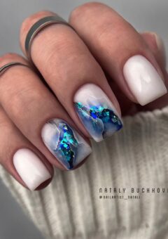 Short Milky Nails with Blue Glitter