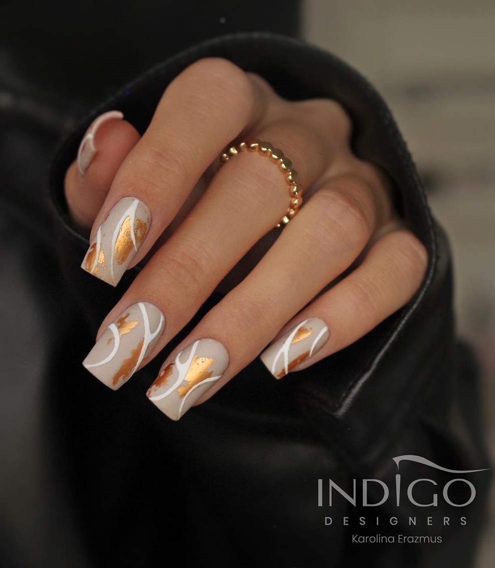 Square Gray Matte Nails with Gold Foil Design