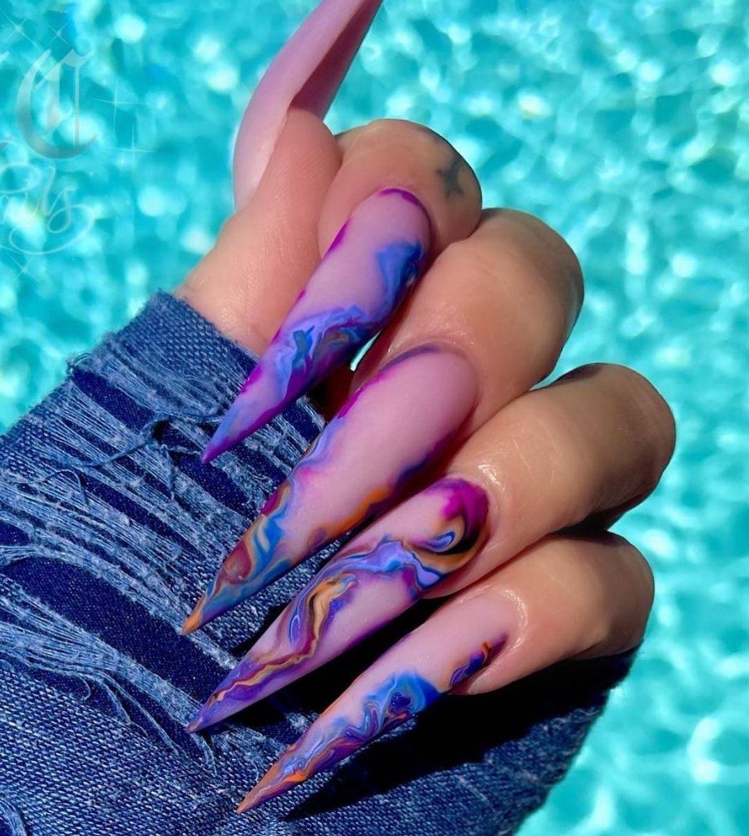Stiletto Nails with Blue Swirls