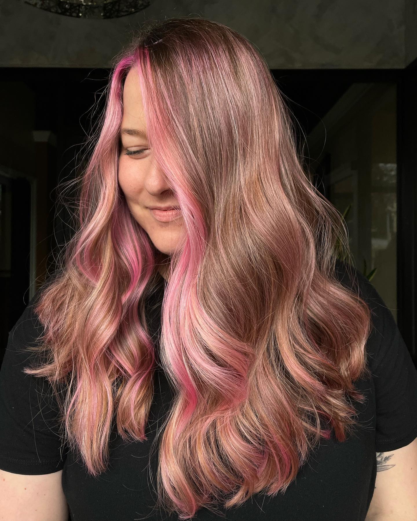 Strawberry Pink Highlights on Long Blonde Hair