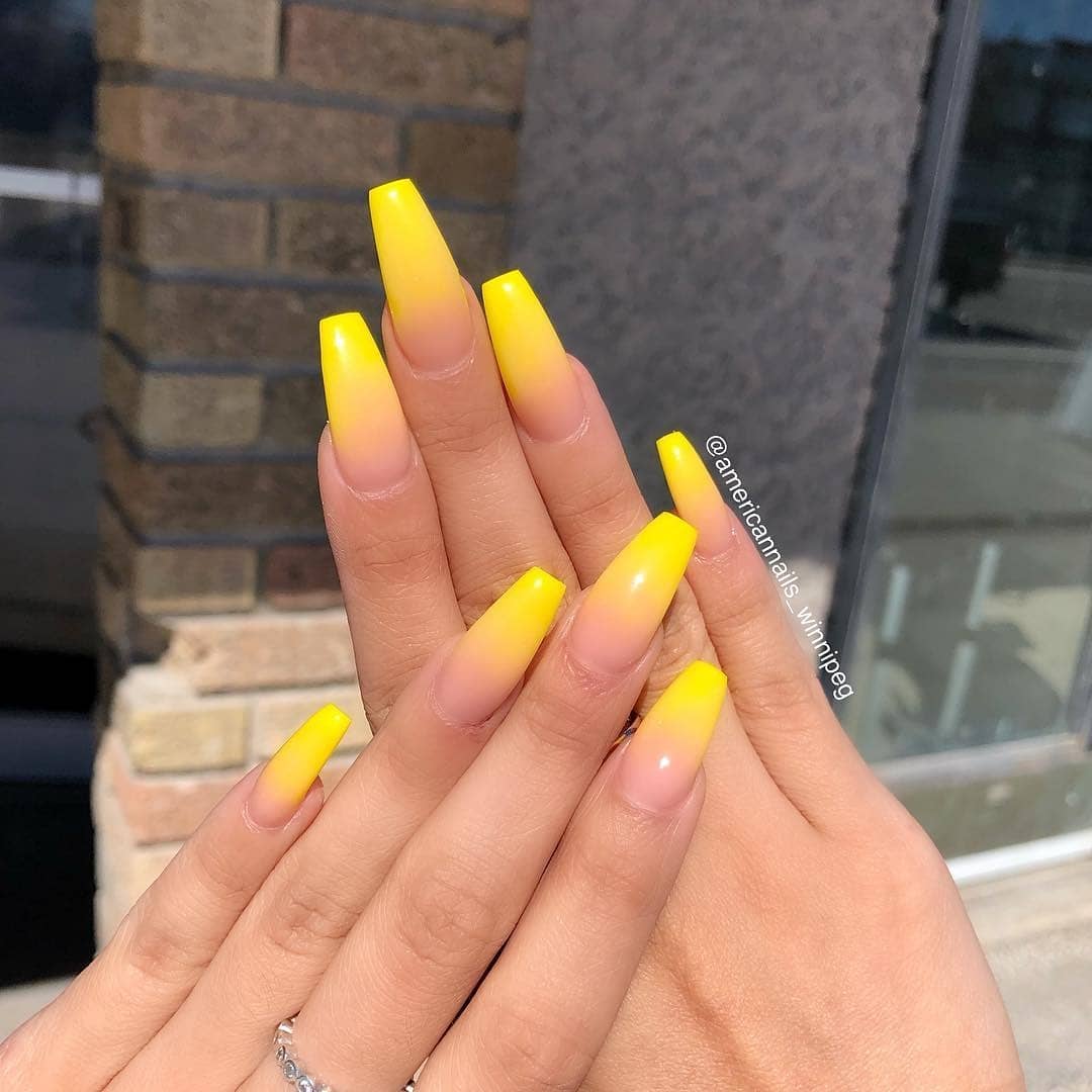 Long Square Yellow Ombre Nails
