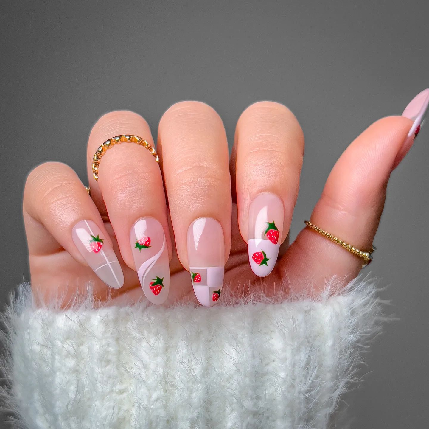 Almond Nails with Strawberry Design