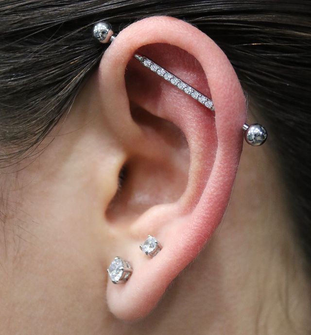Bar Ear Piercing with Silver Stoned Jewelry