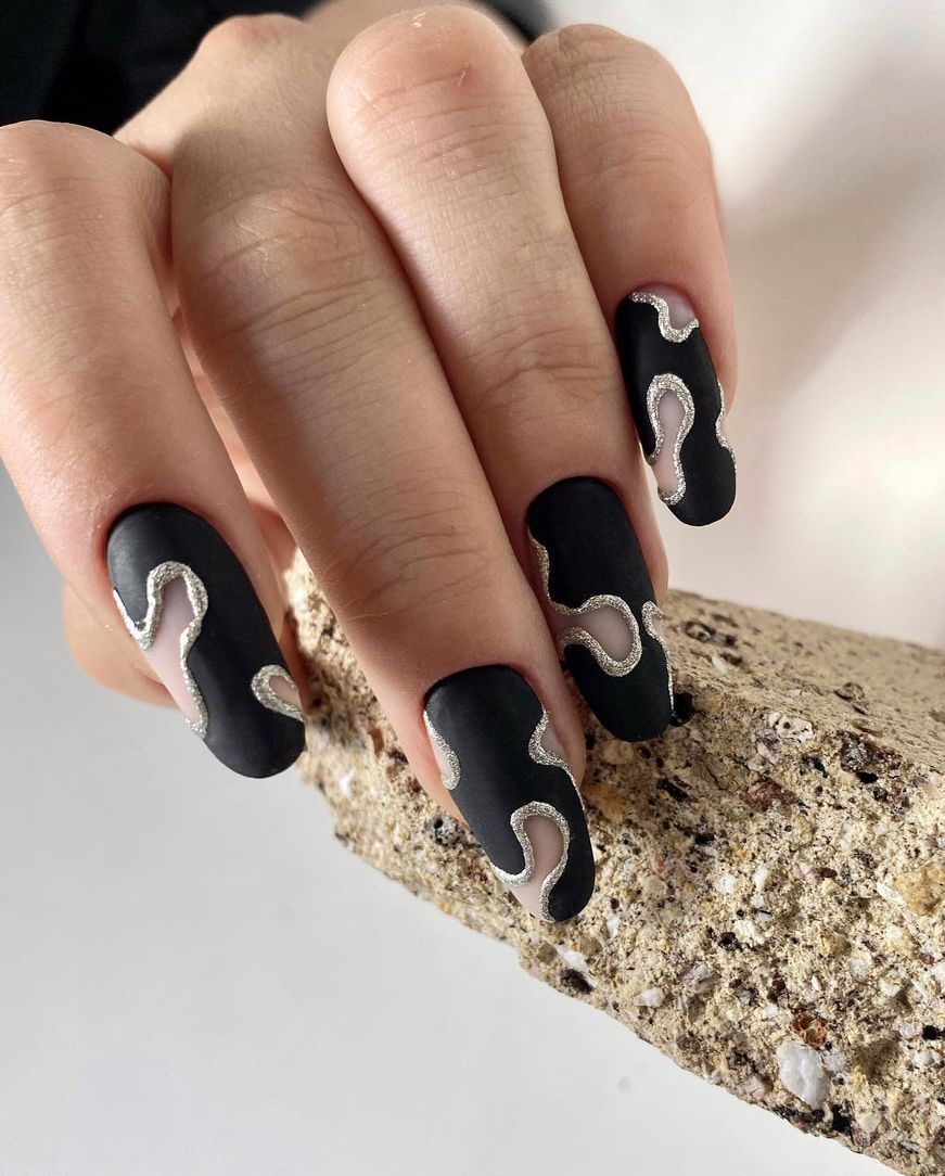 Black Matte Nails with Silver Line Design