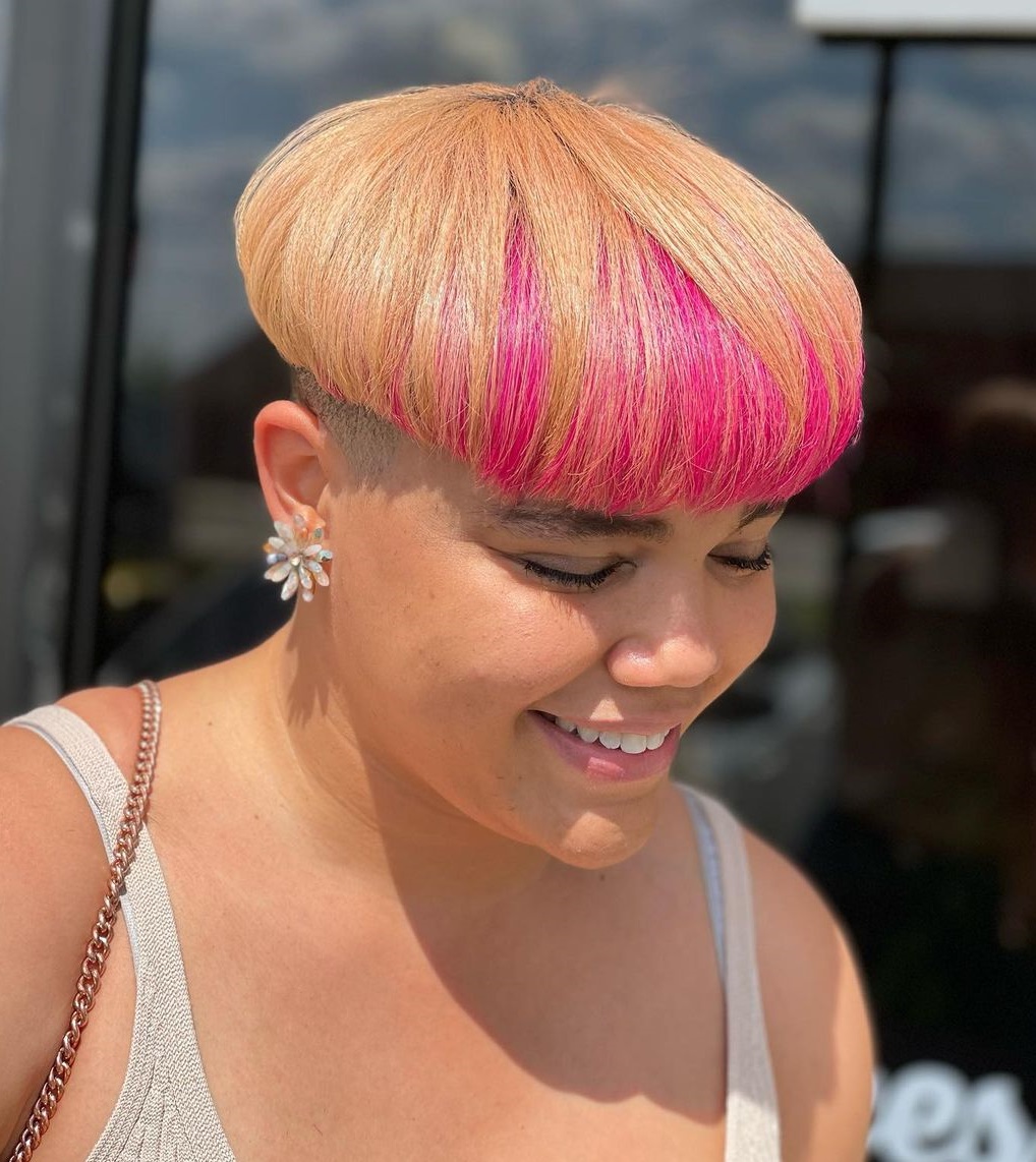 Bowl Cut Hair with Pink Fringe