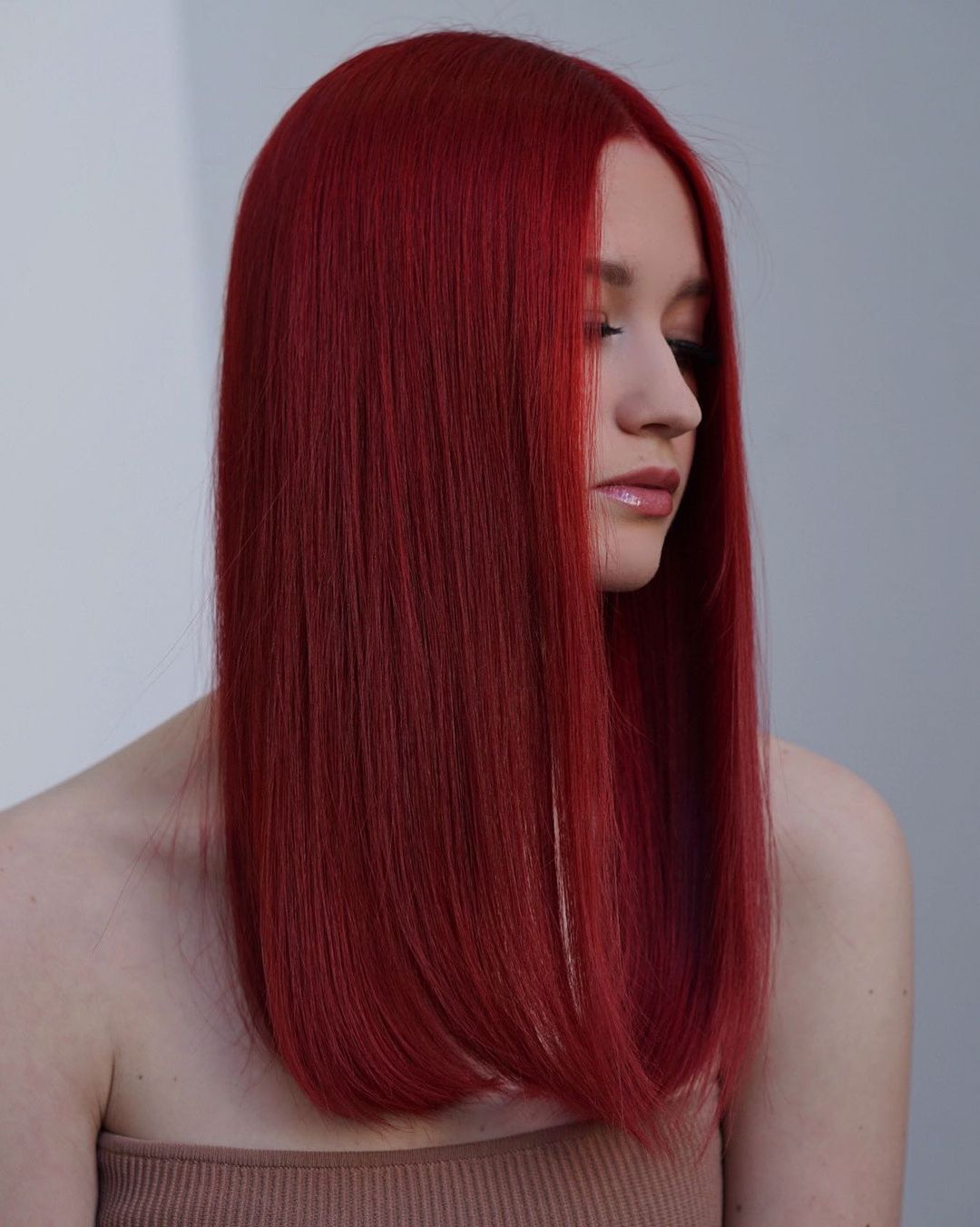 Cherry Red Color on Long Straight Hair