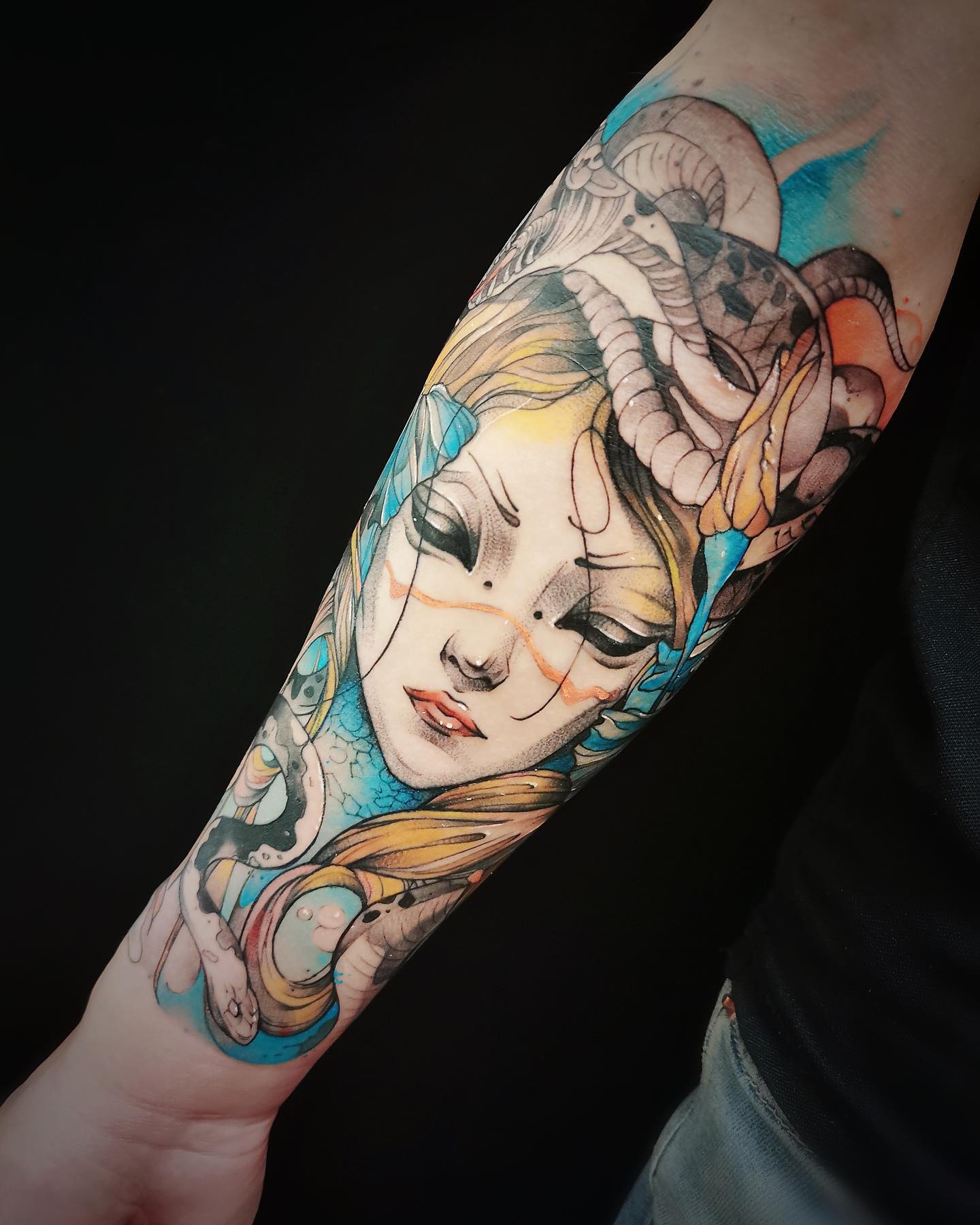 Color Sleeping Medusa Tattoo on Arm