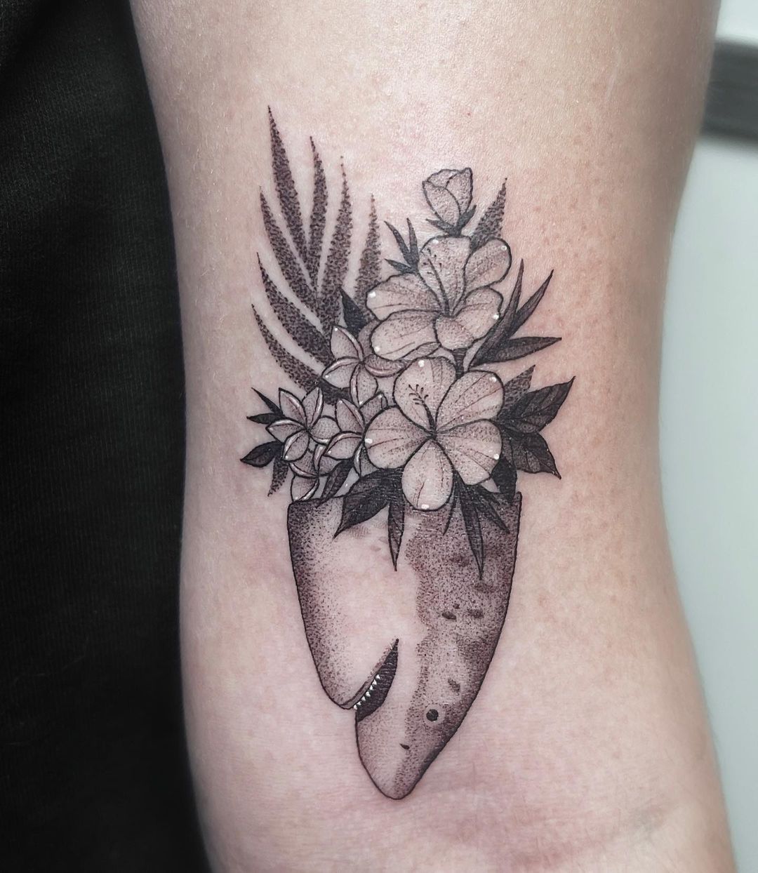 Hawaiian Flower Tattoo with Shark on Arm