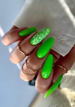 Long Neon Green Nails with Flowers
