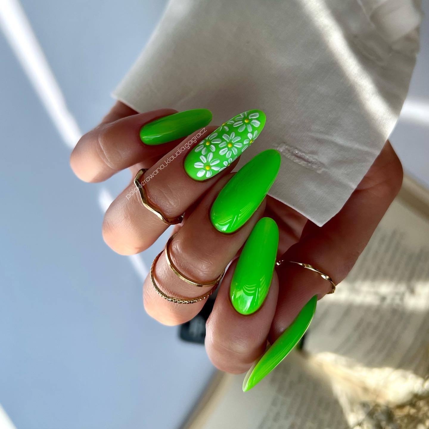 Lime Green Nails with White Flowers