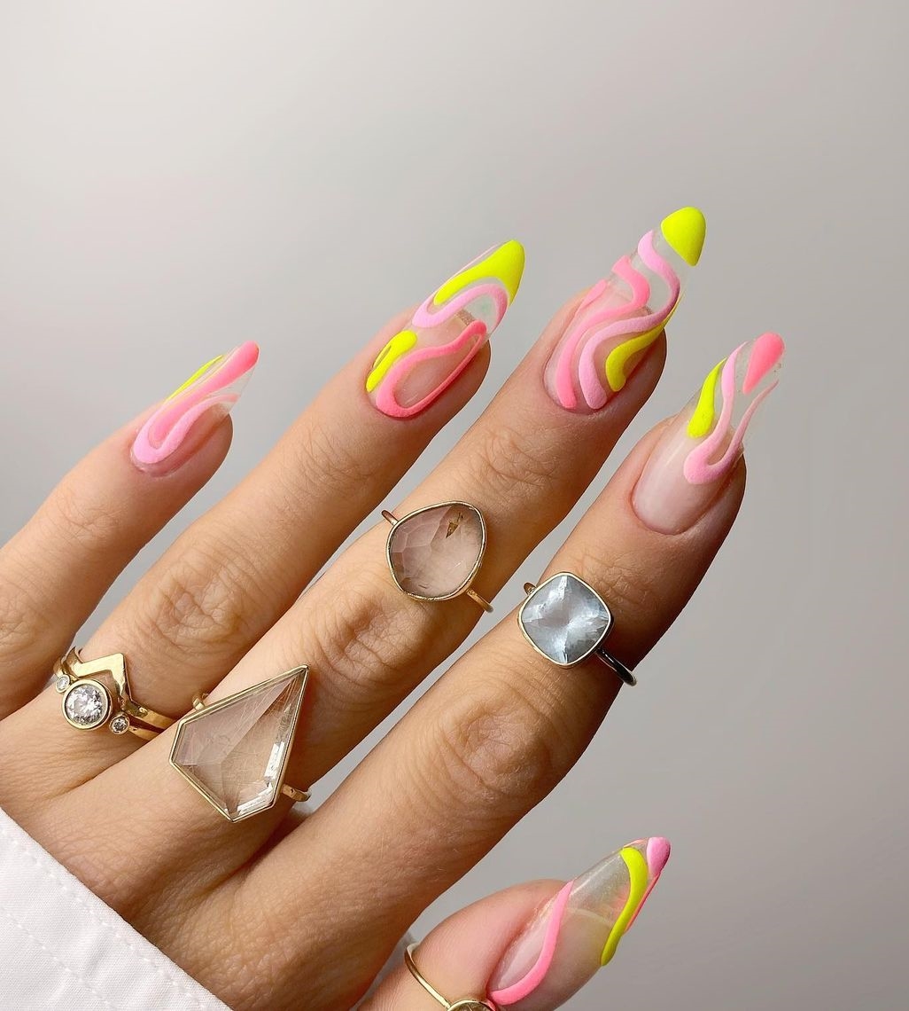 Long Almond Nails with Pink and Yellow Lines