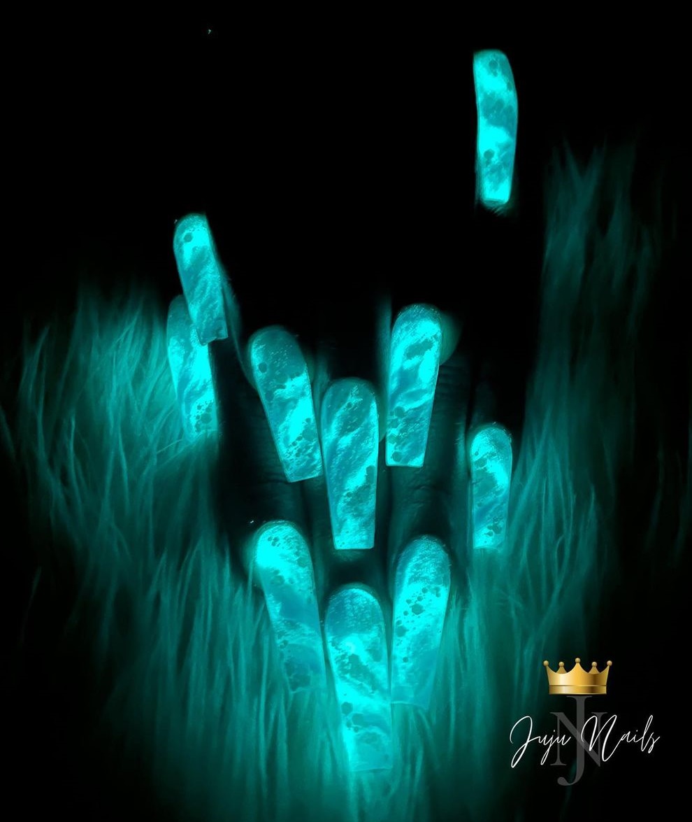 Long Coffin Blue Glow in the Dark Nails