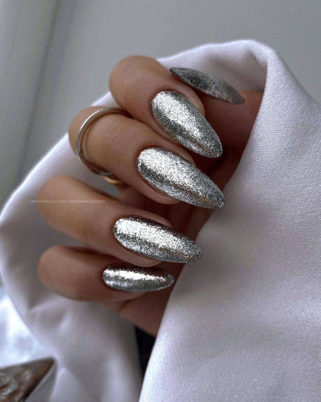 Long Nails with Shiny Silver Glitter