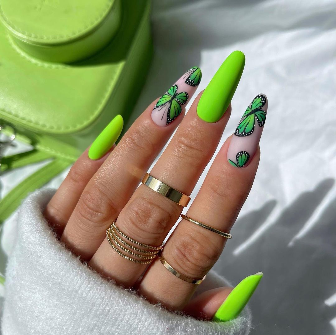 Long Oval Green Matte Nails with Green Butterflies