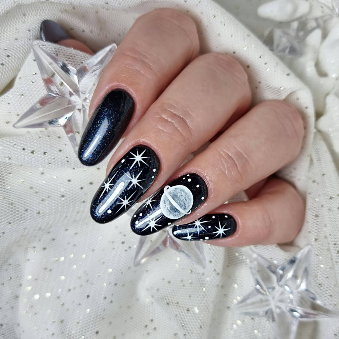 Long Round Black Starry Nails with Planet