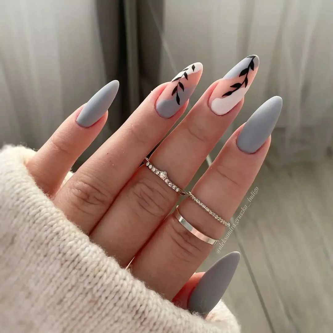 Long Round Gray Matte Nails