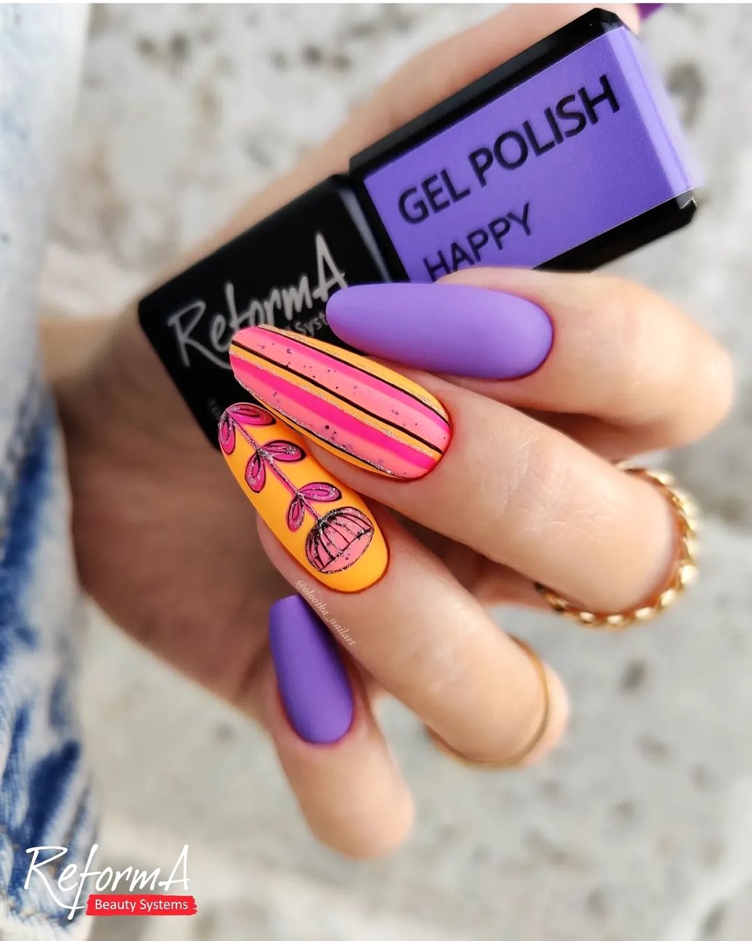 Long Round Purple Matte Nails with Design