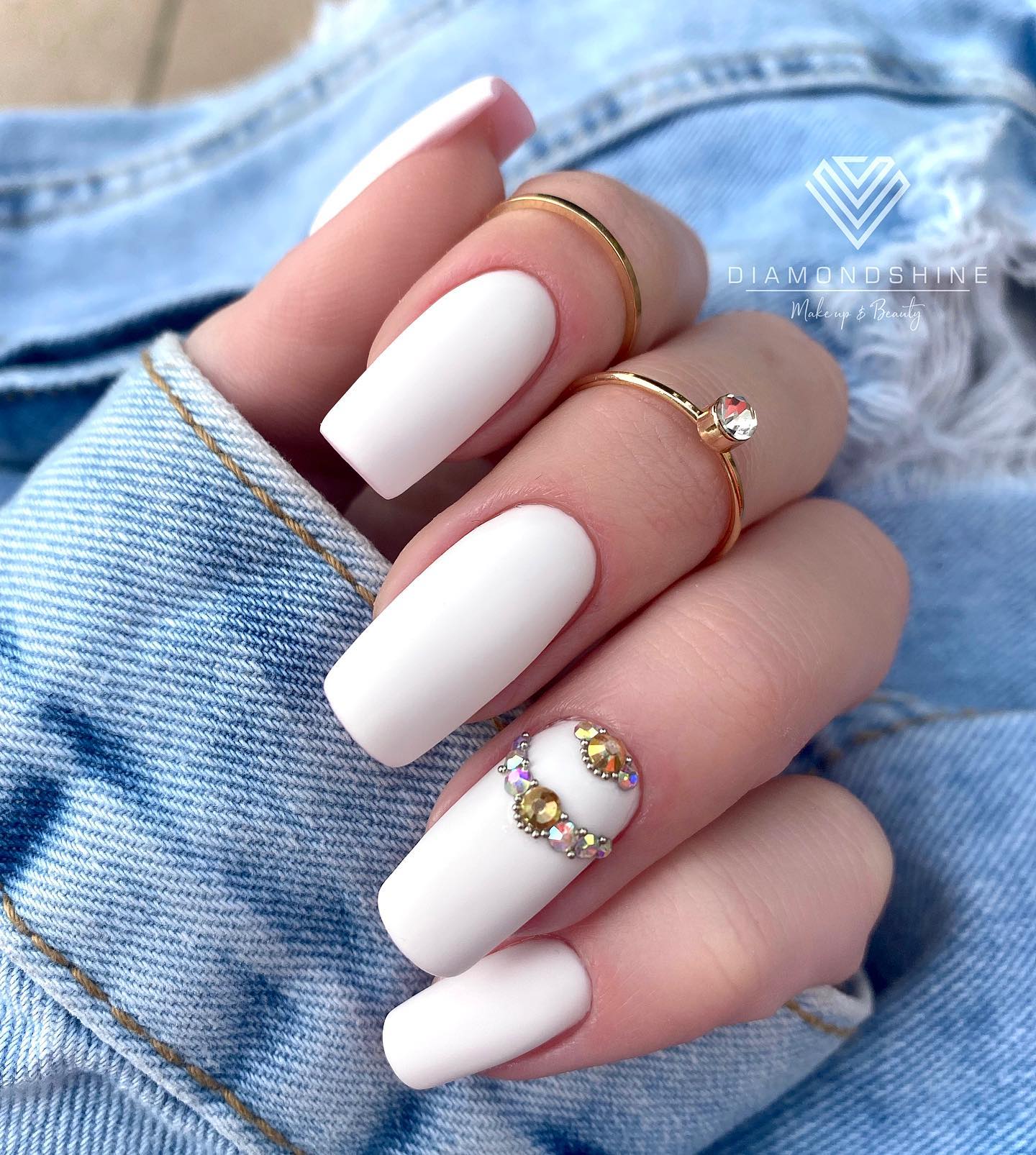 Long Square Matte White Nails with Diamonds