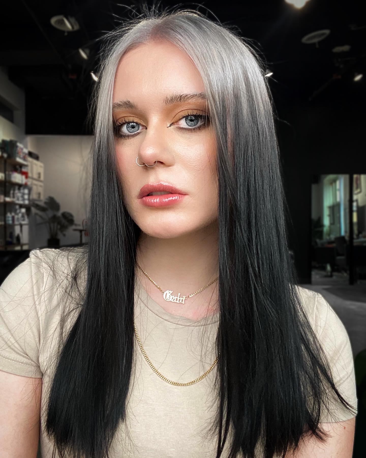 Long Straight Hair with Silver Roots and Dark Ombre Hair