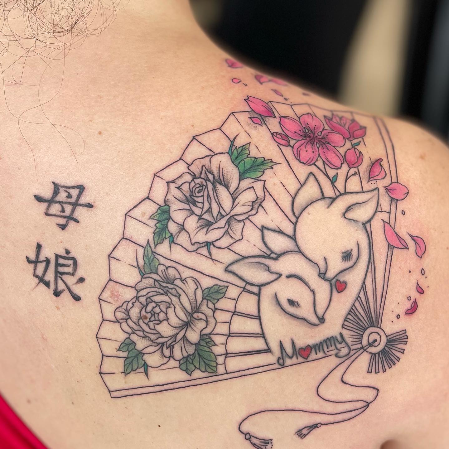 Mother and Daughter Chinese Tattoo on Shoulder