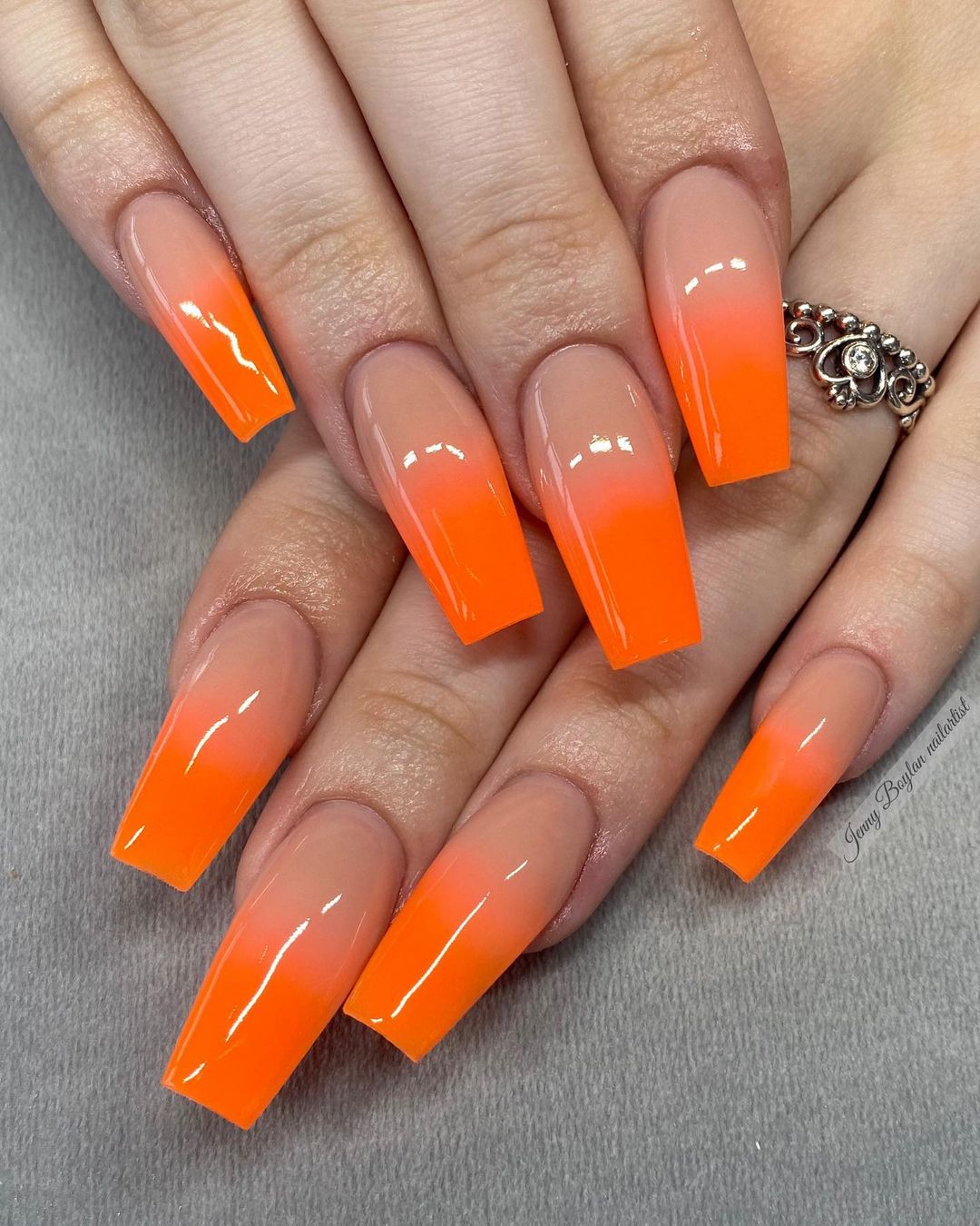 Long Square Orange Ombre Nails