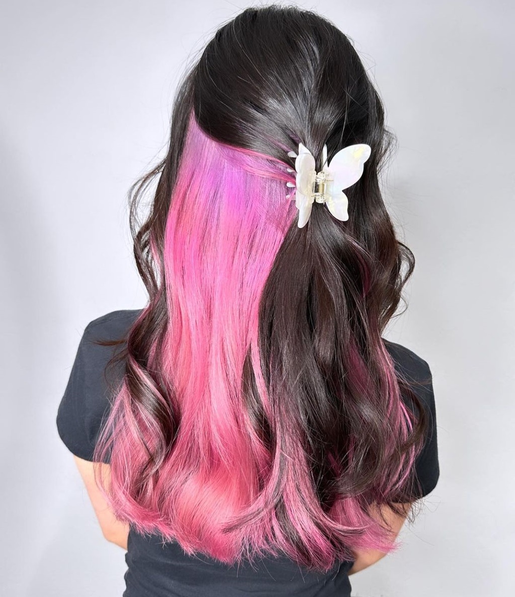 Pink Peekaboo on Long Dark Brown Hair