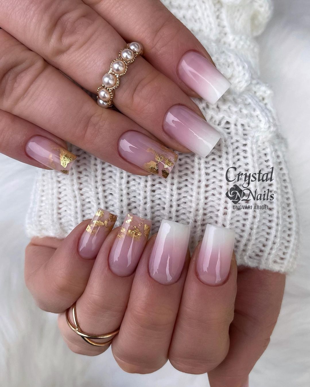Pink to White Ombre Nails with Gold Foil Design