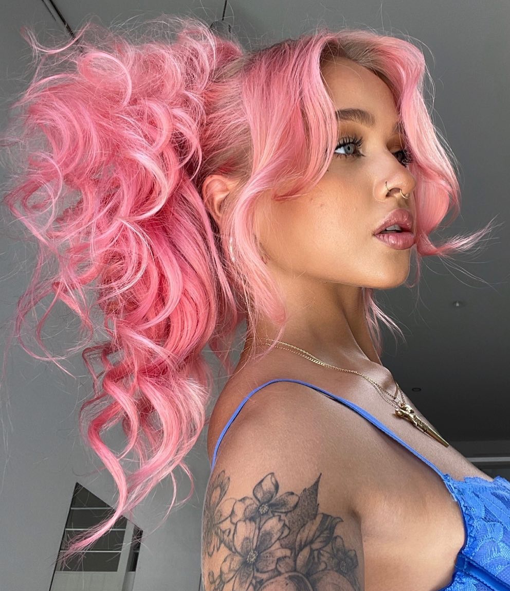 Ponytail with Curtain Bang on Thick Pink Hair