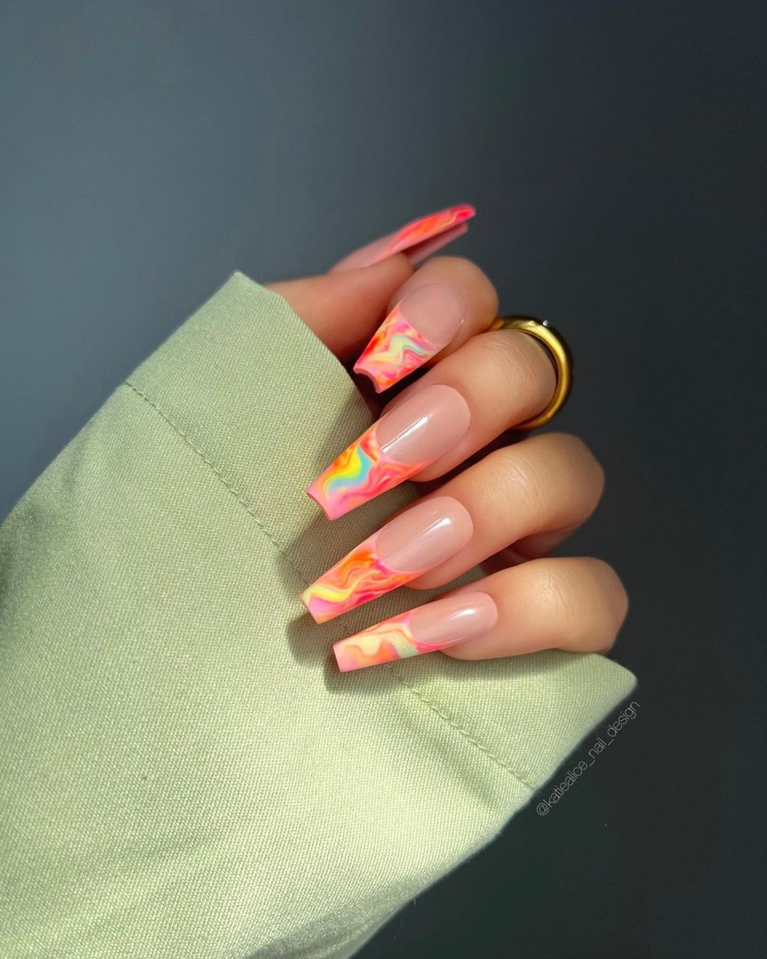 Rainbow Marble French Tip Nails