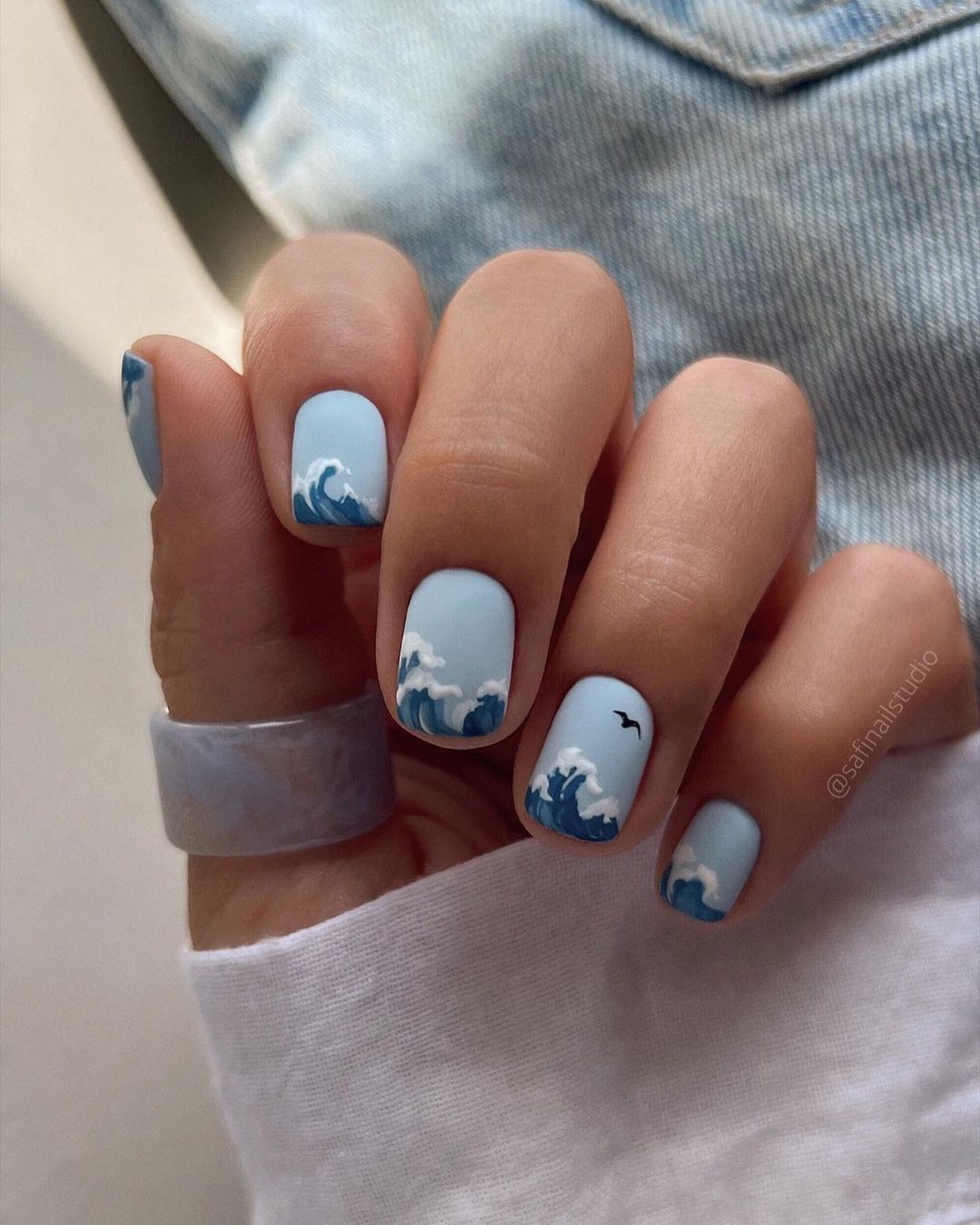 Short Blue Gel Nails with Sea Waves