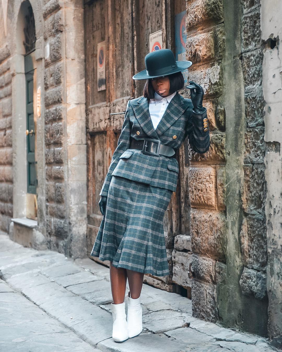 Warm Dark Green Suit with Skirt Jacket and Wide belt