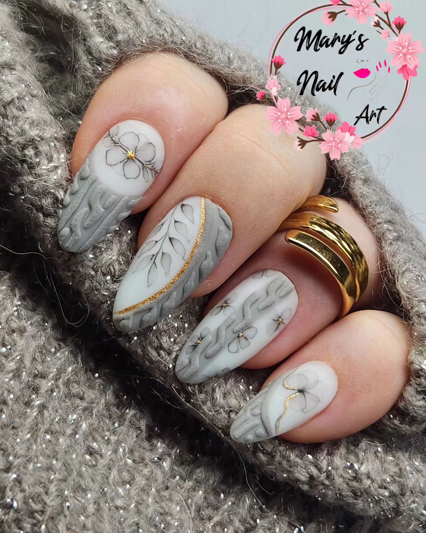 White Matte Nails with Grey Winter Design