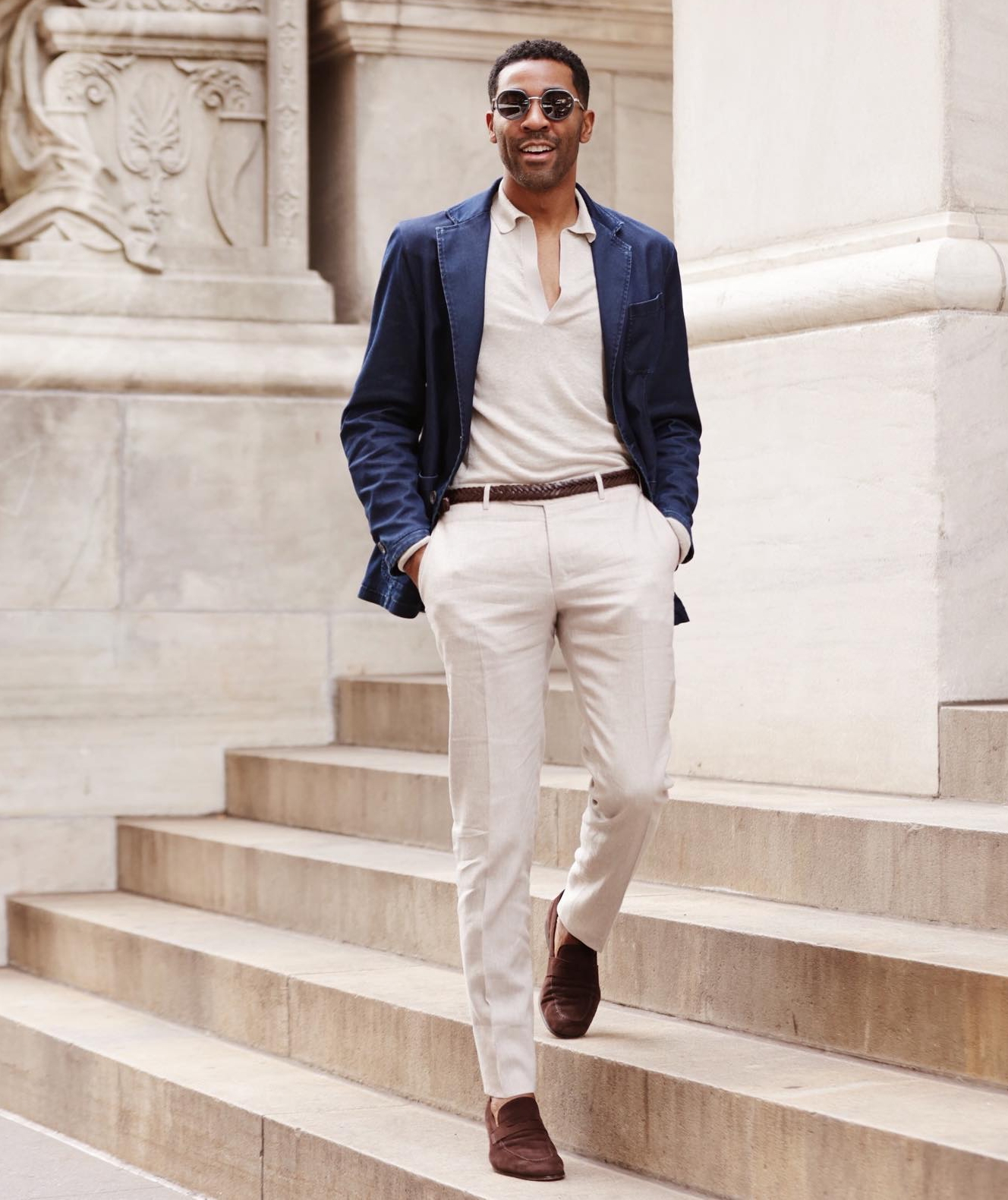 White Trousers and T-Shirt with Blue Jacket for Men