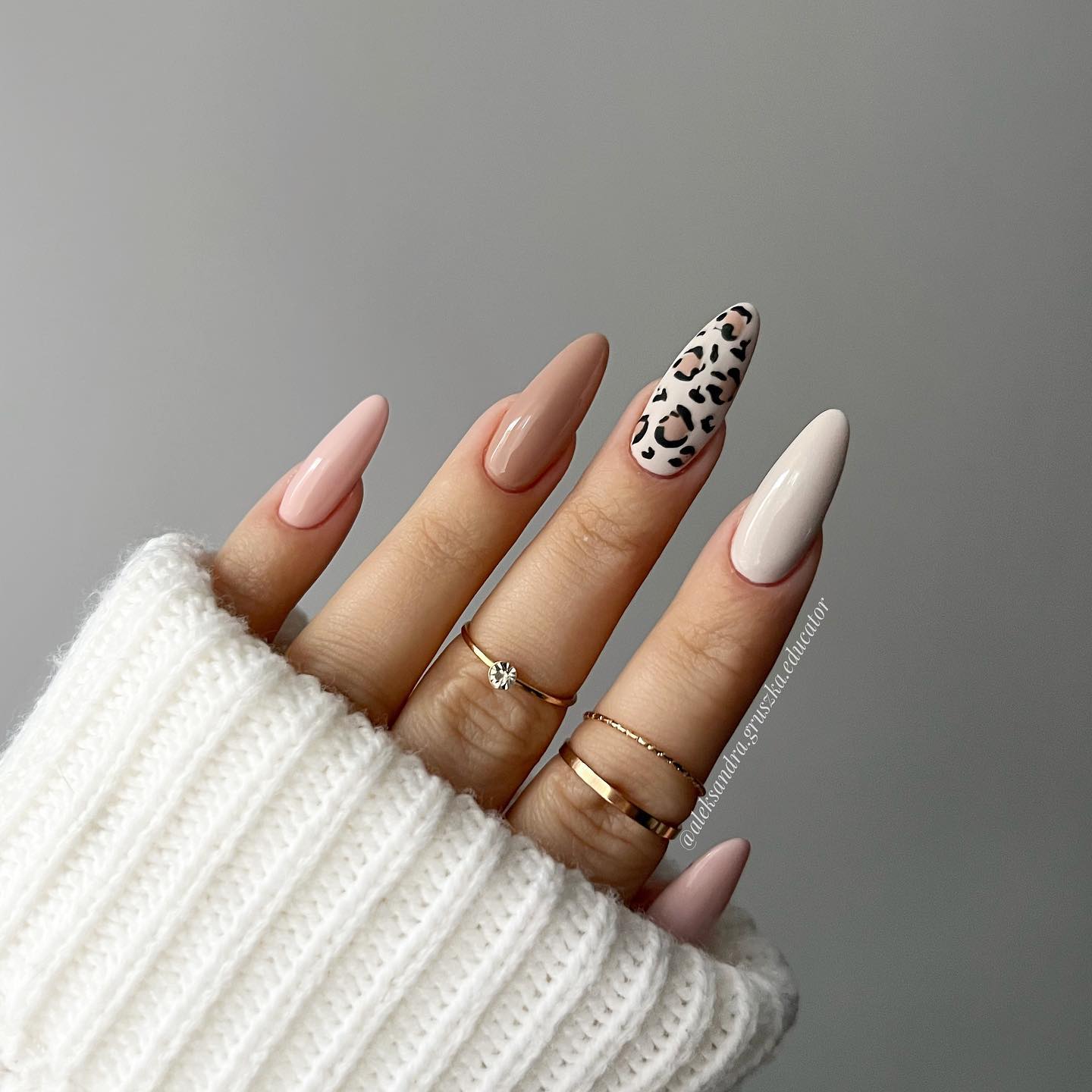 Brown and White Nails with Leopard Print