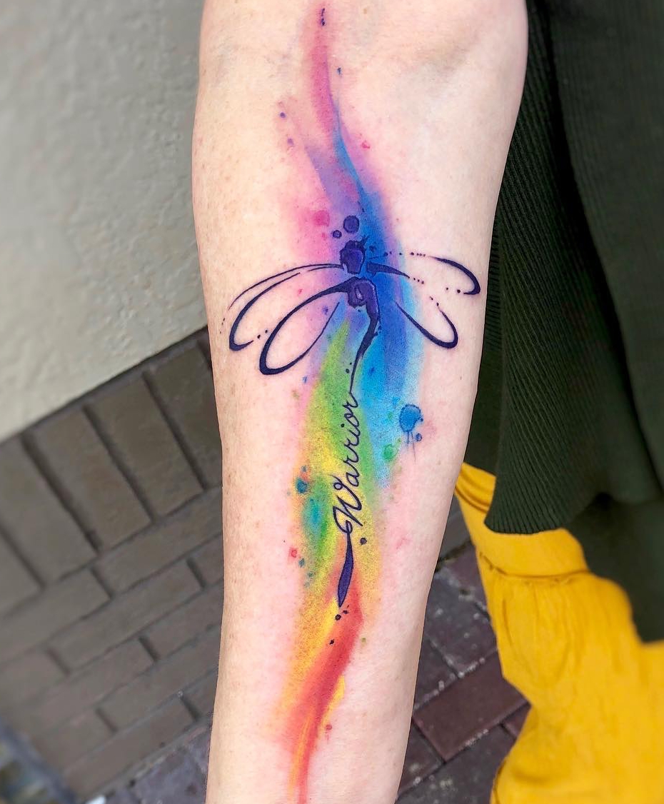 Colorful Dragonfly Semicolon Tattoo on Arm