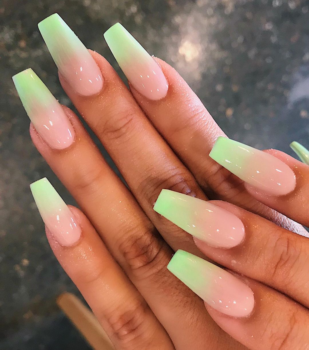 Long Square Light Green Ombre Nails
