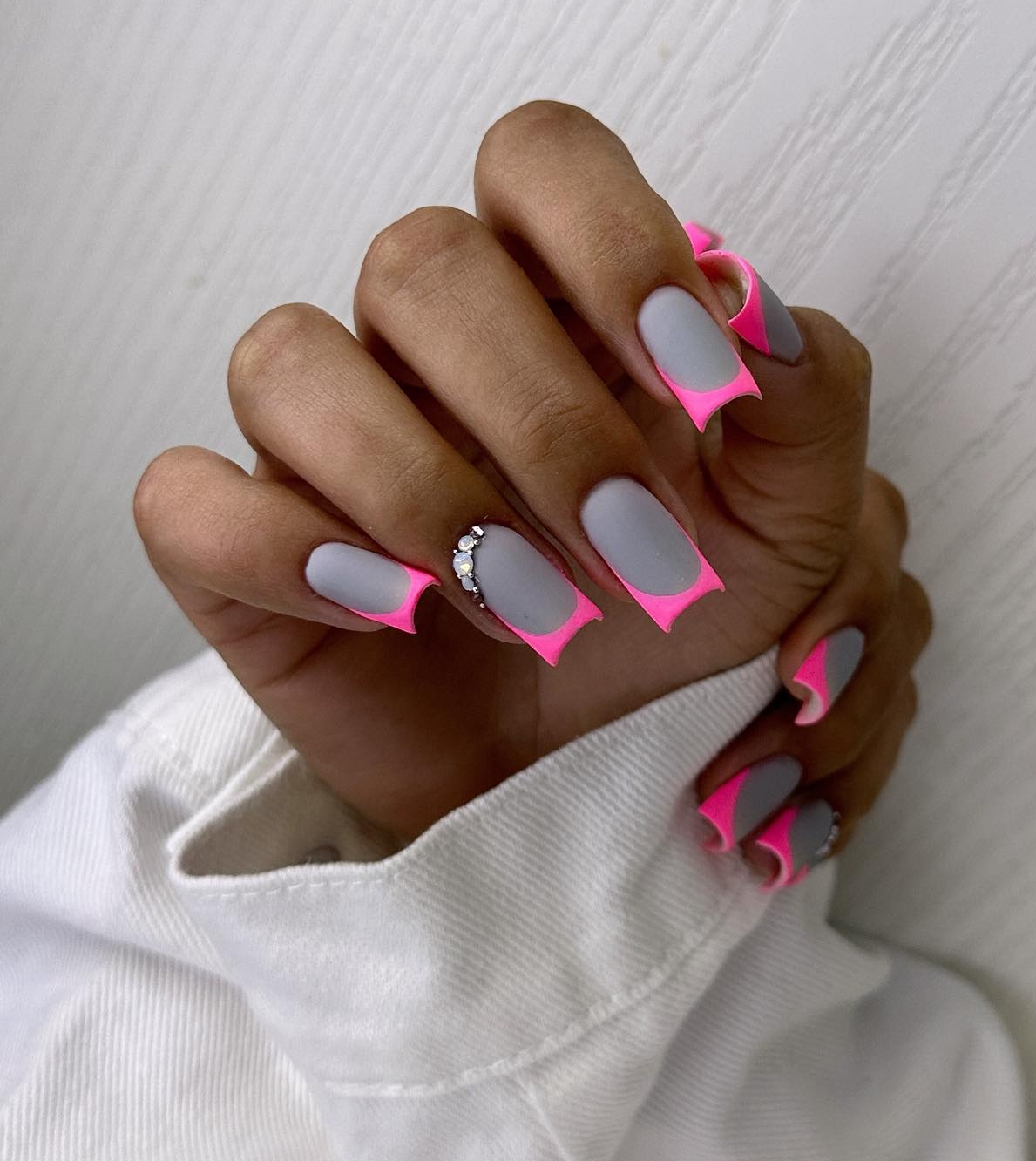 Grey Matte Nails with Electric Pink Tips